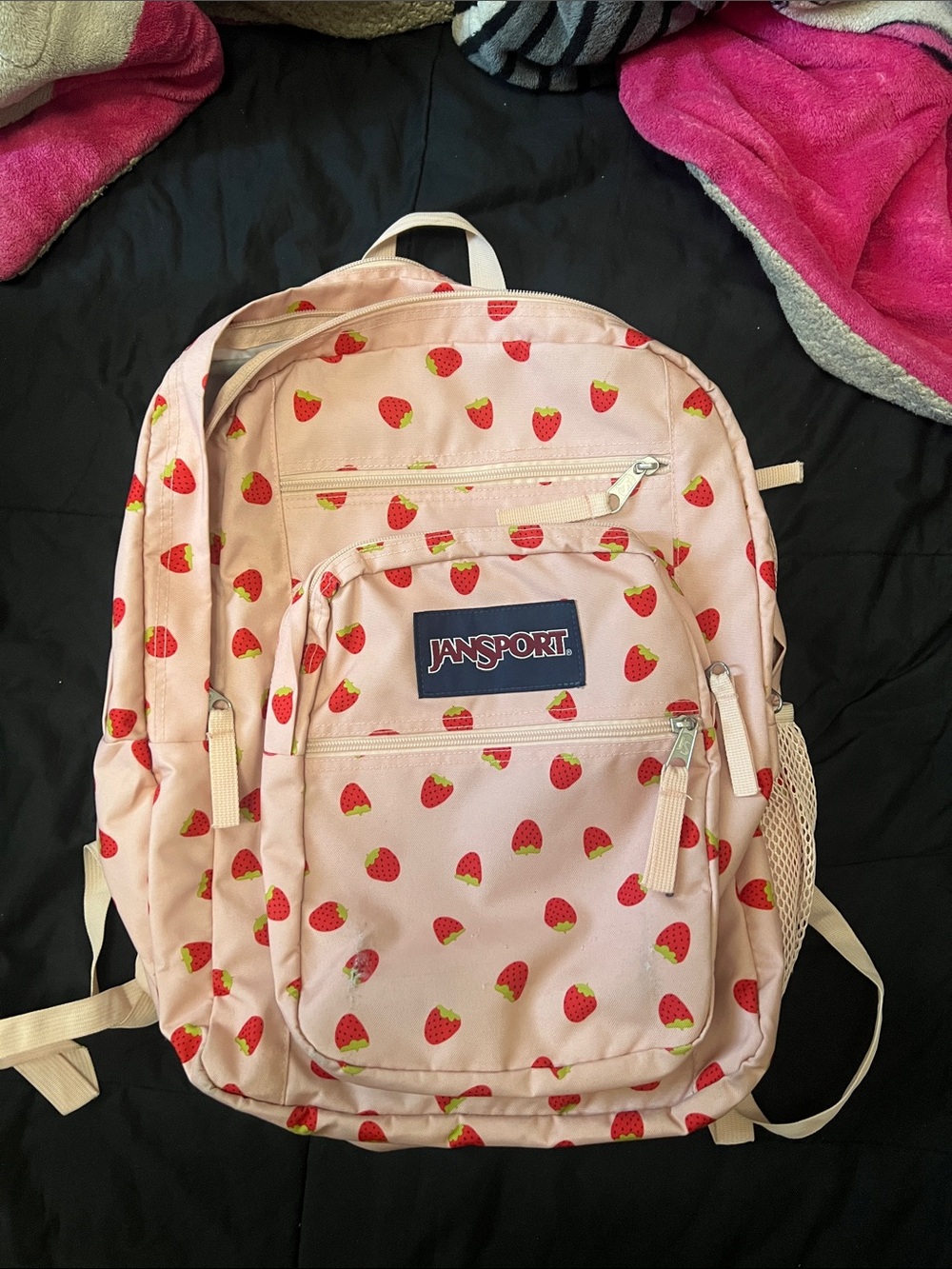 Jansport Pink Backpack with Red Strawberry Print